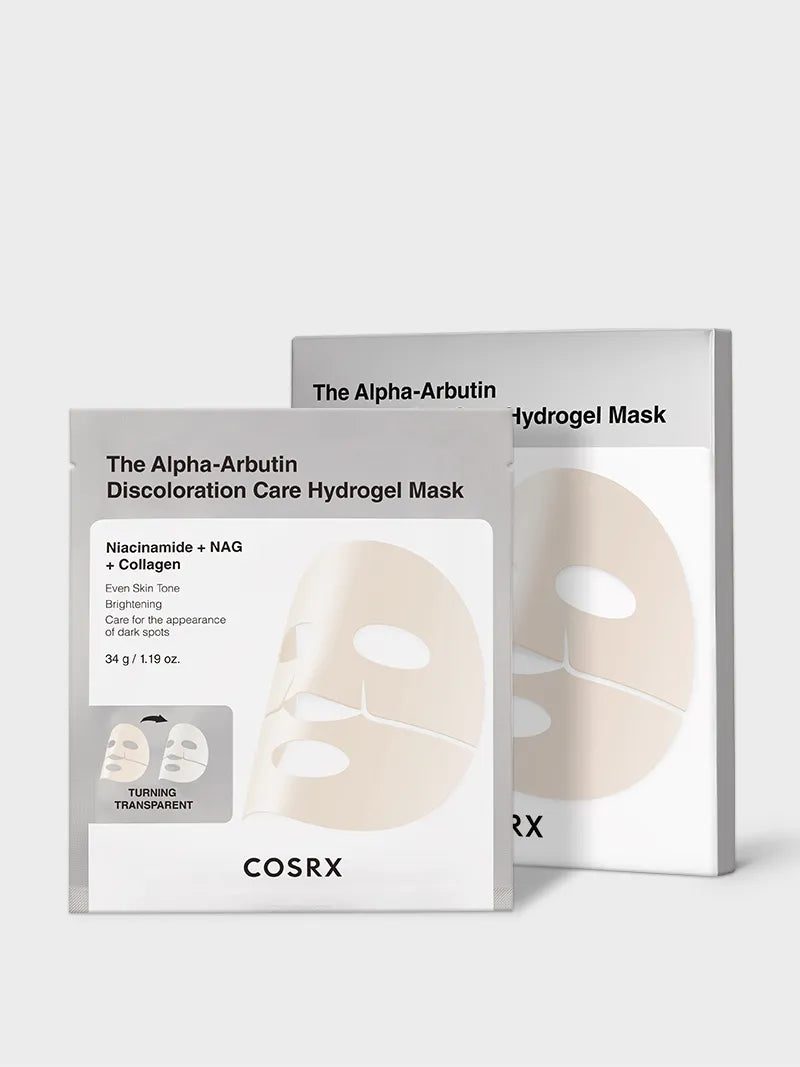 COSRX The Alpha-Arbutin Discoloration Care Hydrogel Mask — official product photograph; package size unconfirmed
