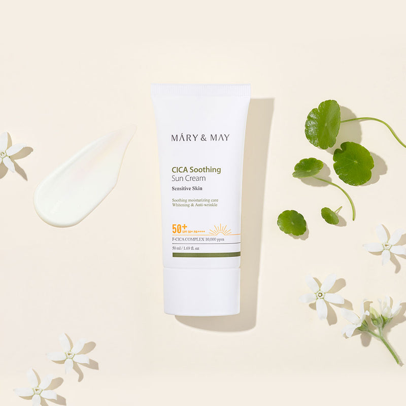 Mary&May Vegan CICA Soothing Sun Cream SPF50+ PA++++ — official product photograph; package size unconfirmed