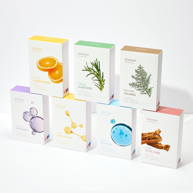 mixsoon Daily Mask Pack 20ml X 10 sheets 1SET- 7-Mask Routine Pore Minimizer, Tone-Up, Glass Skin, Calming, Tightening, Brightening, Moisture, and Total Care Masks Korean Skincare — official product photograph; package size unconfirmed