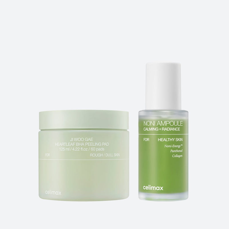 The Real Noni Energy Ampoule & Ji Woo Gae Heartleaf BHA Peeling Pad Set — official product photograph; package size unconfirmed
