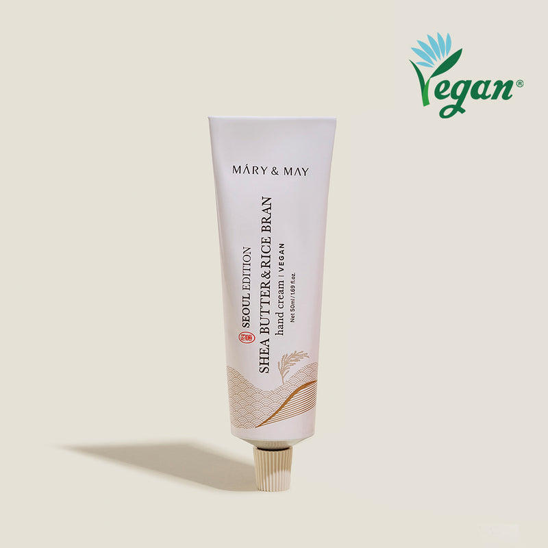 Mary&May Seoul Edition SHEA BUTTER & RICE BRAN Hand Cream — official product photograph; package size unconfirmed