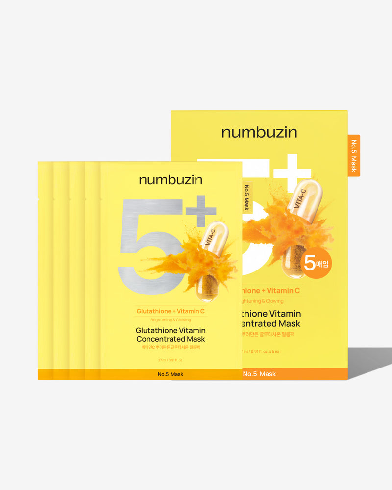 No.5+ Glutathione Vitamin Concentrated Sheet Mask (5 Sheets) — official product photograph; package size unconfirmed